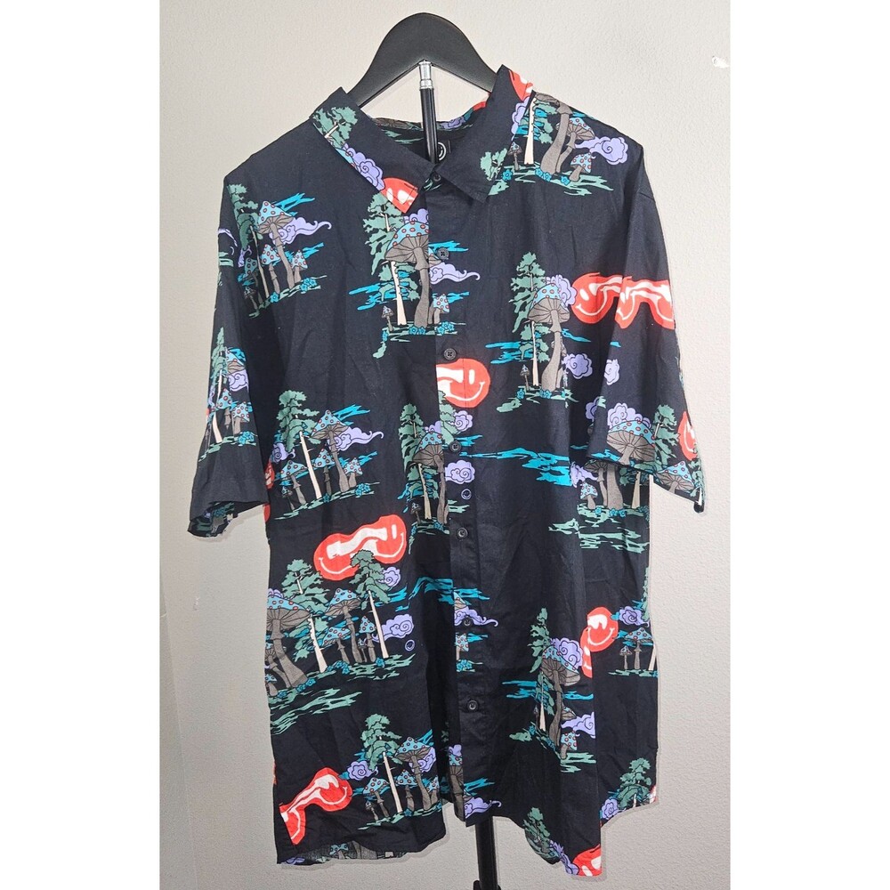 Neff Button Up Shirt Mens XXXL Black Mushroom Print Psychedelic Festival Skate